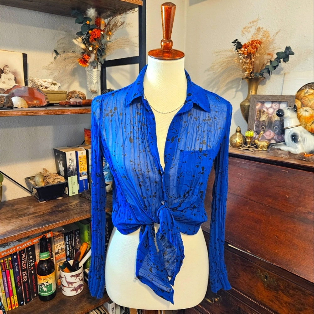 Rock & Republic Sheer Long Sleeve Blouse Socialite Blue Speckled Print Size XS